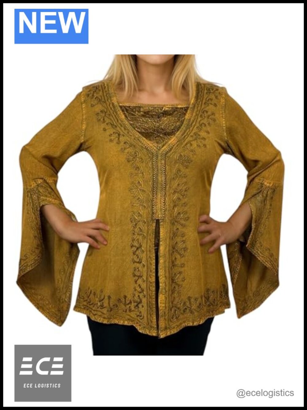 Embroidered Bell Sleeve Boho Tunic Top Renaissance Blouse